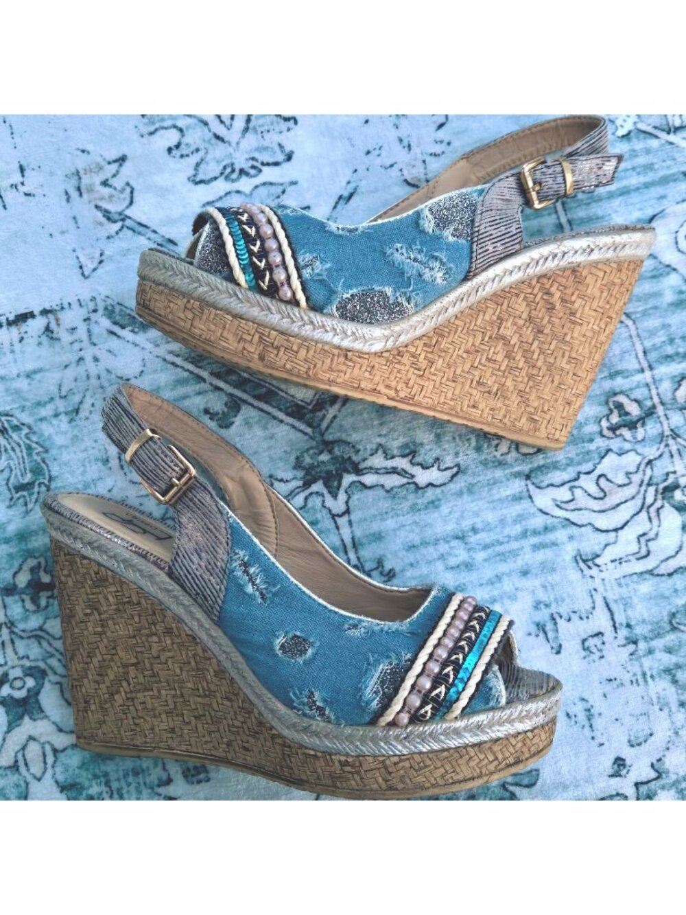 Y2K Beaded Denim Slingback Peep Toe Wedge Heels Size 38 US 7.5 Blue Beige